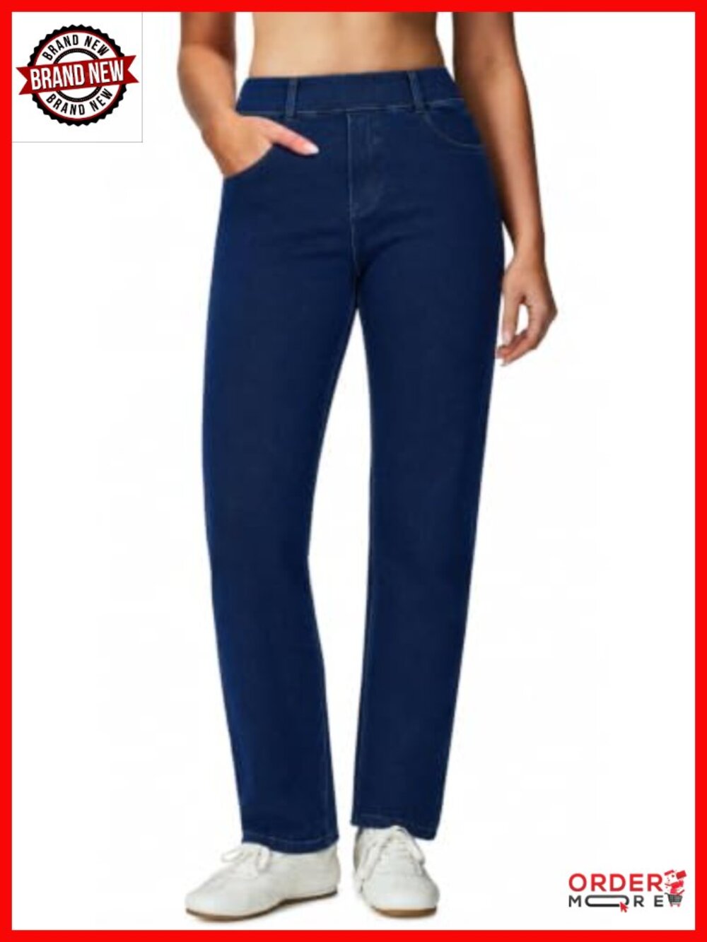 Women's Stretchy Straight Leg Pull On Jeans High Waisted Tummy Control Pants